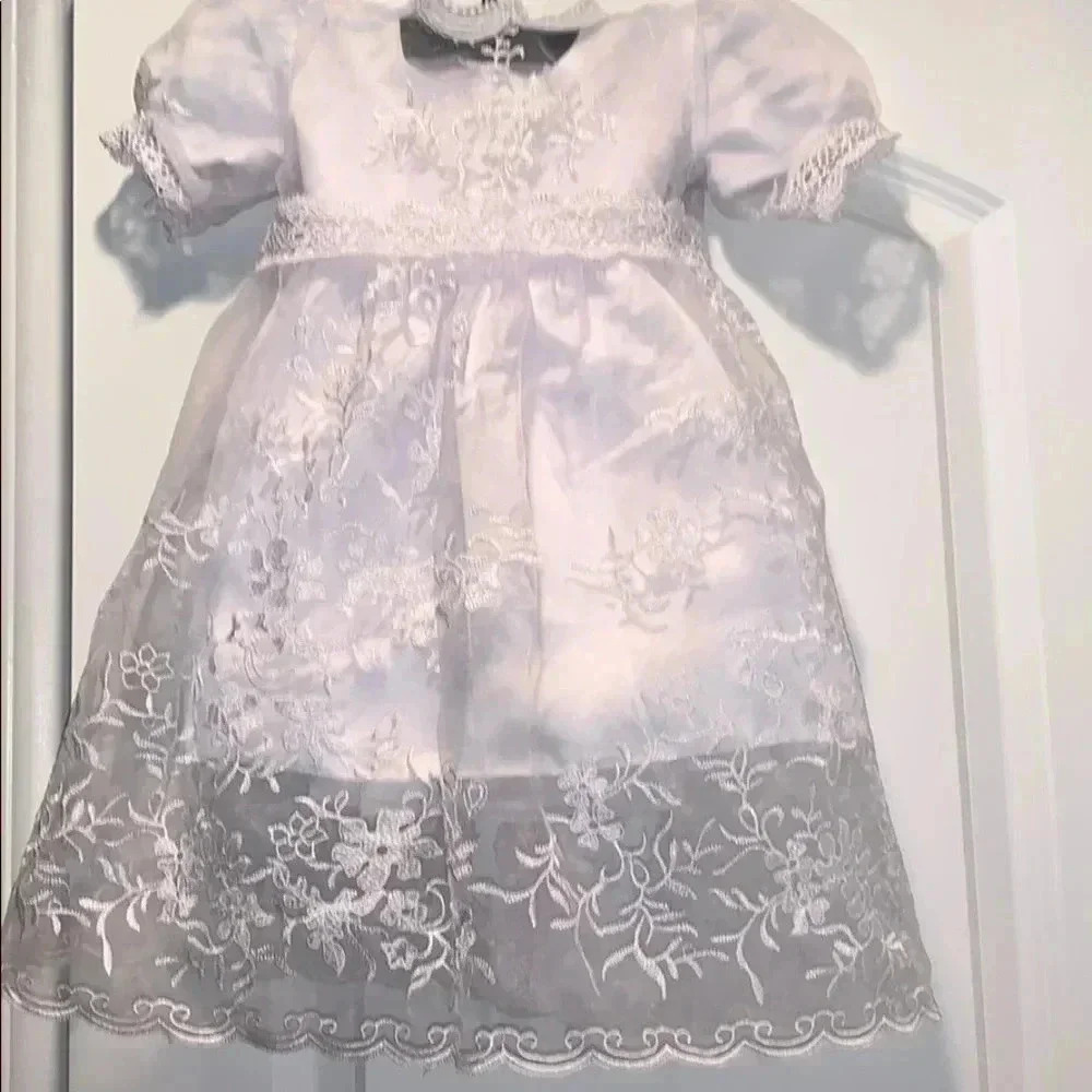 Girls White Satin with Lace Overlay Dress